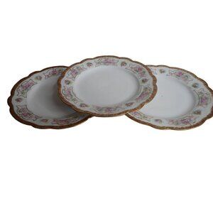 3 Moritz Zdekauer M Z Austria China Dessert Plates Gold Pink Roses 1884-1909